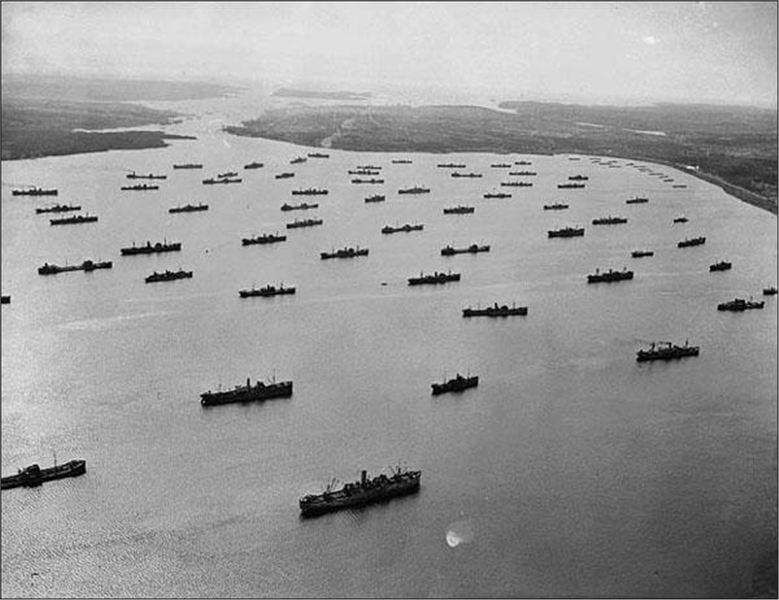 A convoy of merchant marines in the Halifax Harbour during World War 2