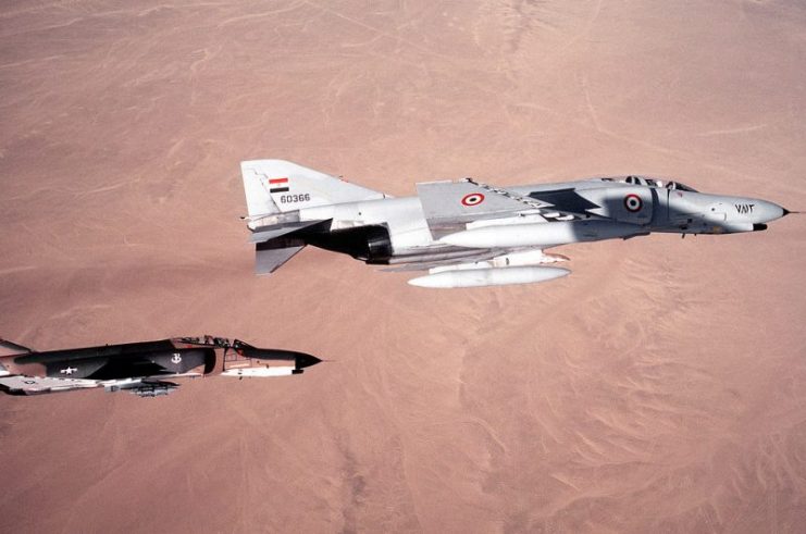 Egyptian Air Force F-4E Phantom IIs of the 222nd Tactical Fighter prikaati in formation with a US Air Force 347th Tactical Fighter Wing F-4E Phantom II during exercise Proud Phantom