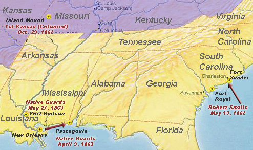 Mapa de la participación de los primeros afroamericanos en la Guerra Civil, incluyendo la Guardia Nativa en Pascagoula y Port Hudson