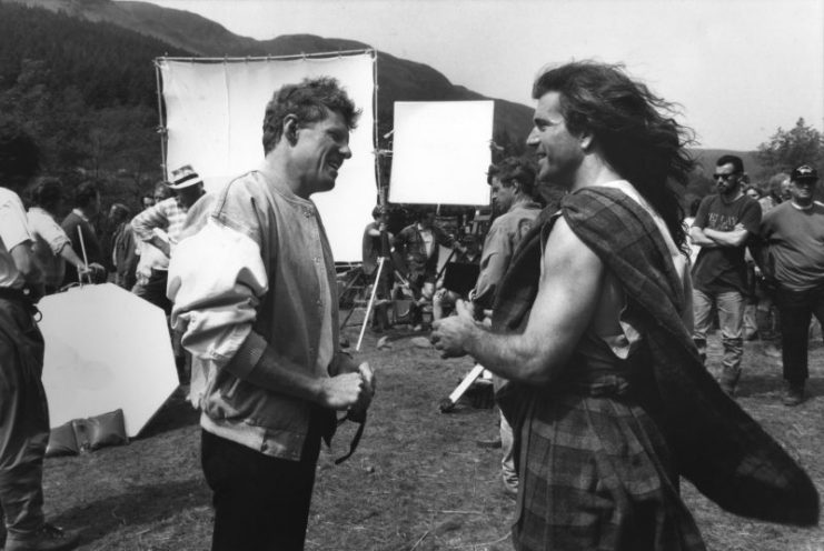 Scott Neeson i Mel Gibson na planie filmu Braveheart, 1995