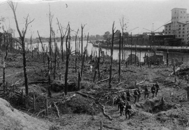 German soldiers on Westerplatte after the battle. Sometimes called the “Polish Verdun” due to the heavy shelling the Poles received. During the battle, 209 Polish soldiers resisted for a week against 3000 German soldiers supported by the Luftwaffe.