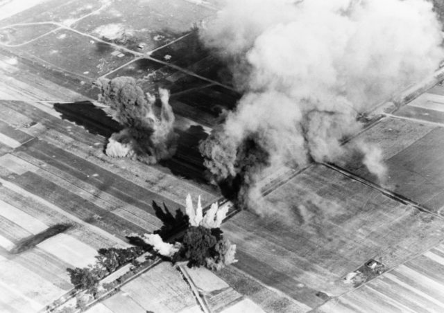 German aerial bombs straddling a road in Poland. September 1939.