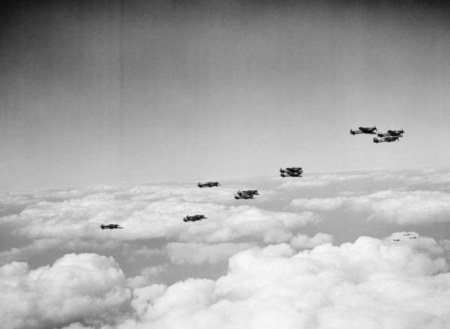 Hawker Hurricane Mk Is of No. 242 Squadron during the Battle of Britain, 1940.