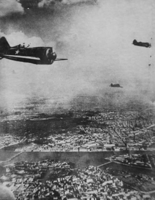 Soviet fighters I-16 in a flight over Leningrad, 1941