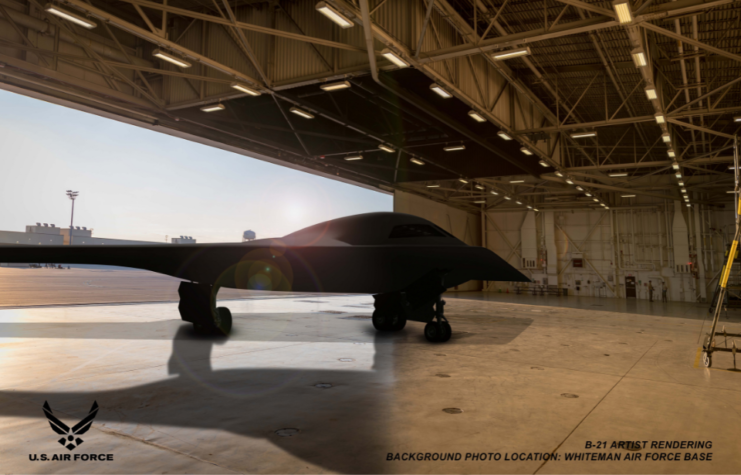 artist rendering of a B-21 Raider concept in a hangar at Whiteman Air Force Base, Mo. 