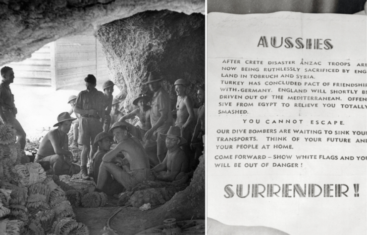 Australian soldiers in a cave during the bombardment of Tobruk; in the foreground, there are projectiles stacked in containers. Tobruk, Libya, July 1941. Second image is a german propaganda leaflet encouraging soldiers to surrender.