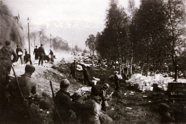 Allied soldiers walking in the Norwegian wilderness