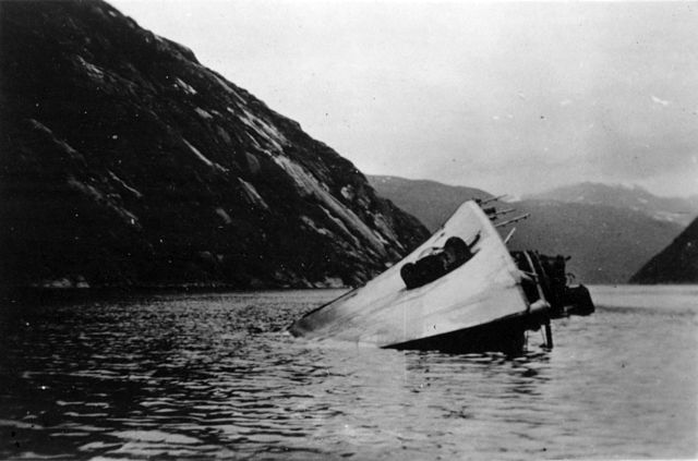 Sunken German destroyer in the water