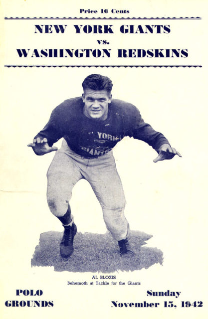 New York Giants versus Washington Redskins flyer featuring Al Blozis