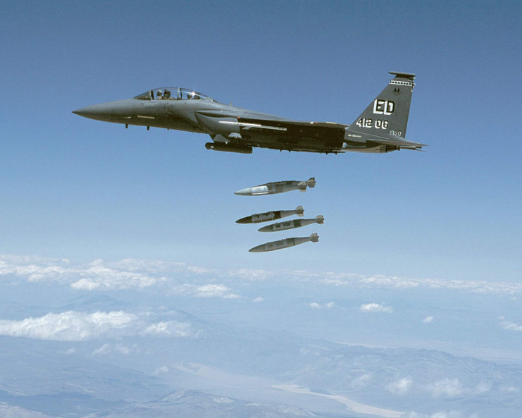 McDonnell Douglas F-15 Eagle dropping bombs mid-flight