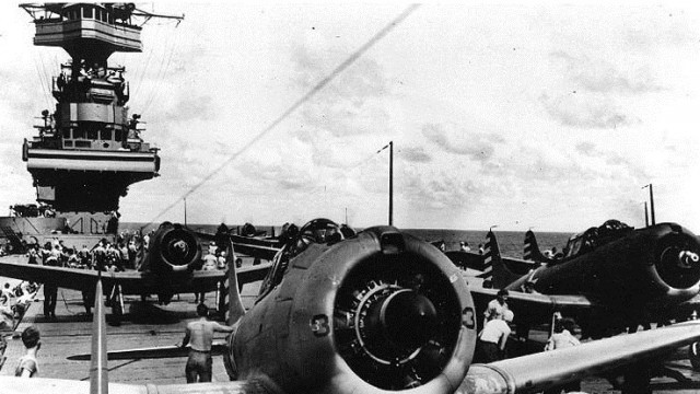 Battle of the Coral Sea Courtesy of the Naval History and Heritage Command The USS Yorktown's Bombing Squadron Five (VB-5) SBD-3 aircraft are shown forward on the carrier's flight deck during operations in the Coral Sea, April 1942.