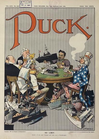 1909 cartoon in Puck shows (clockwise) US, Germany, Britain, France and Japan engaged in naval race in a 