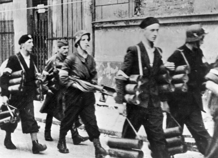 Polish Resistance members walking down a street