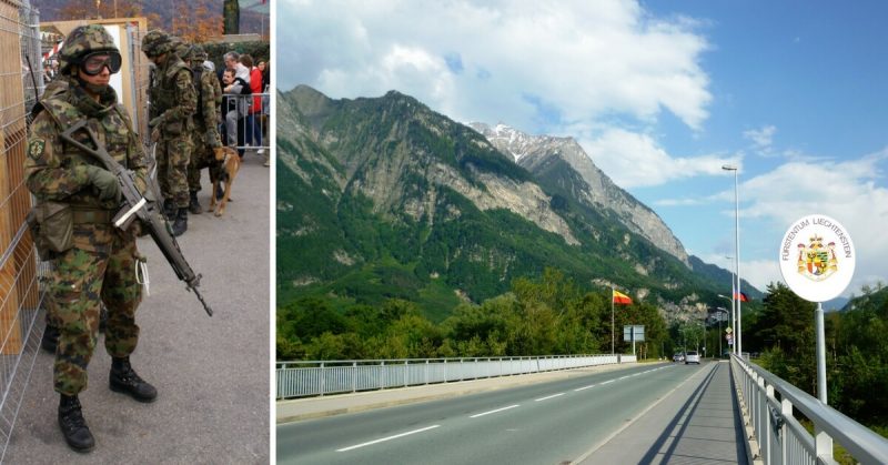 Left: Swiss soldier in combat uniform during house search demonstration 2006 in Thun. Right: The border between Liechtenstein and Switzerland. St9191 - CC-BY SA 3.0