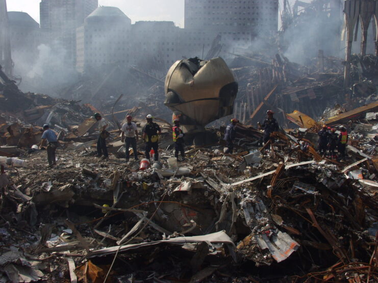 'The Sphere' standing among rubble from the World Trade Center (WTC)