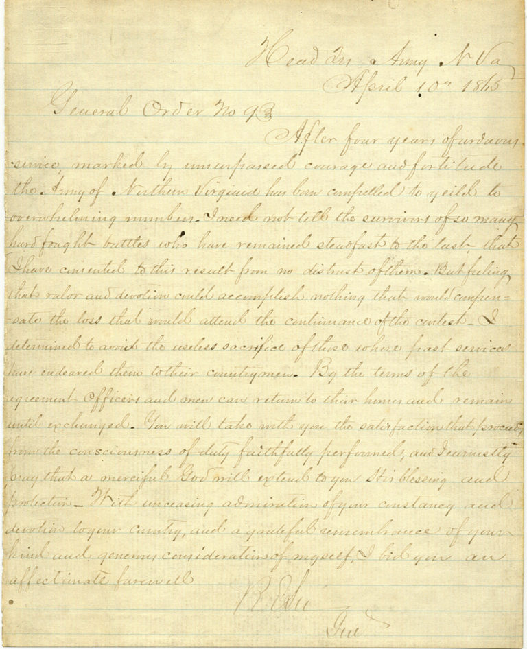 Robert E. Lee’s Signed Farewell Address to His Army of Northern ...