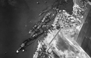 Aerial view of Battleship Row at Pearl Harbor