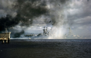 US Navy ships shrouded in smoke