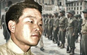 Members of the 100th Infantry Battalion lined up along a road + Shizuya Hayashi looking to the side