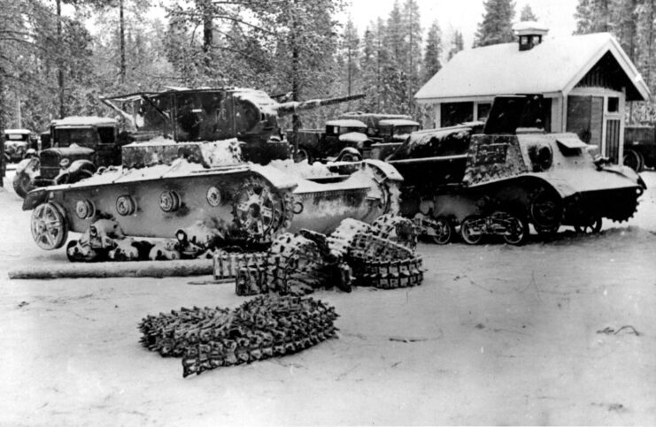 Red Army tanks and tank tracks in the snow