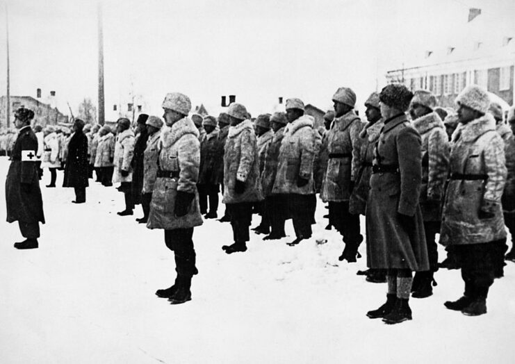 Swedish volunteers standing in rows in the snow