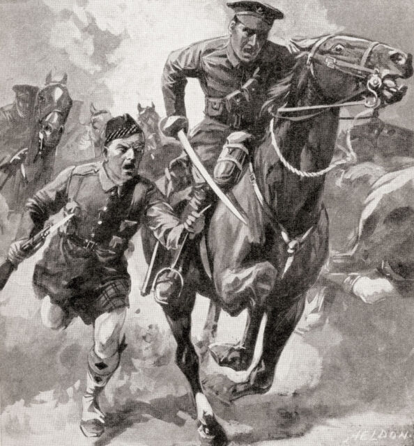 Illustration showing a soldier running alongside another who is riding on horseback