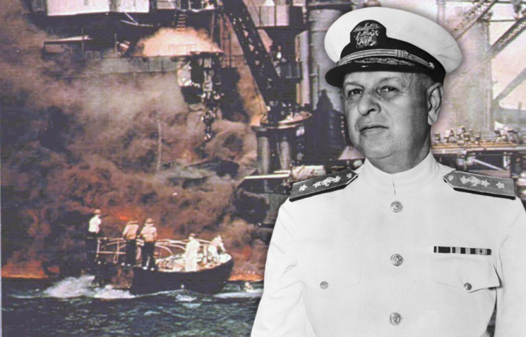 Men standing in a boat, near a ship that's on fire and shrouded in smoke + Military portrait of Husband E. Kimmel