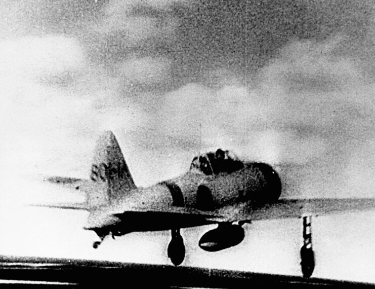 Mitsubishi A6M Zero taking off from the flight deck of an aircraft carrier