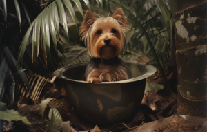 AI rendering of Smoky sitting in a helmet on the jungle floor