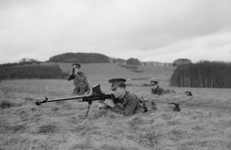Soldier of The Rifle Brigade prepares to fire a 0.55 inch Boys Anti-tank Rifle during a military exercise, 1938