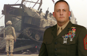 US Marines standing around a damaged Amphibious Assault Vehicle (AAV) + Military portrait of Justin LeHew