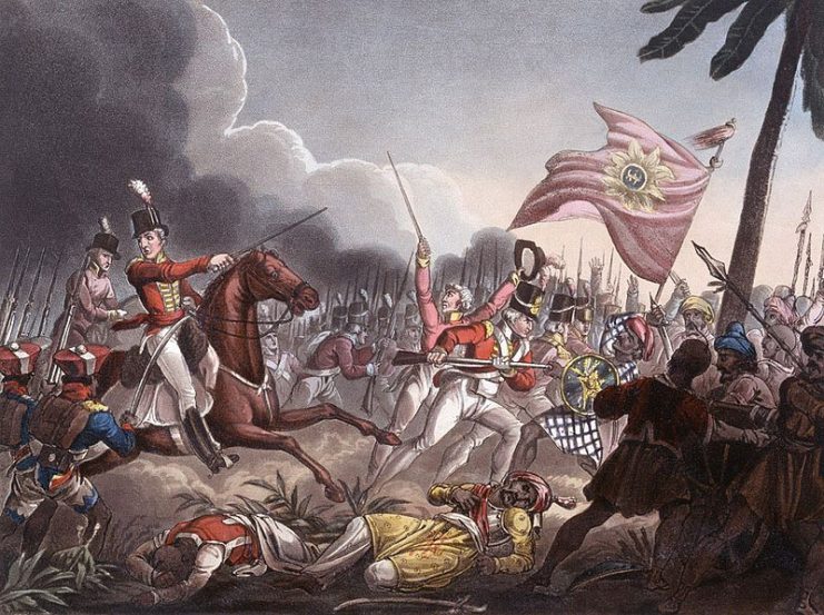 Major General Wellesley (mounted) commanding his troops at the Battle of Assaye