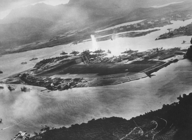 Aerial view of Ford Island being attacked