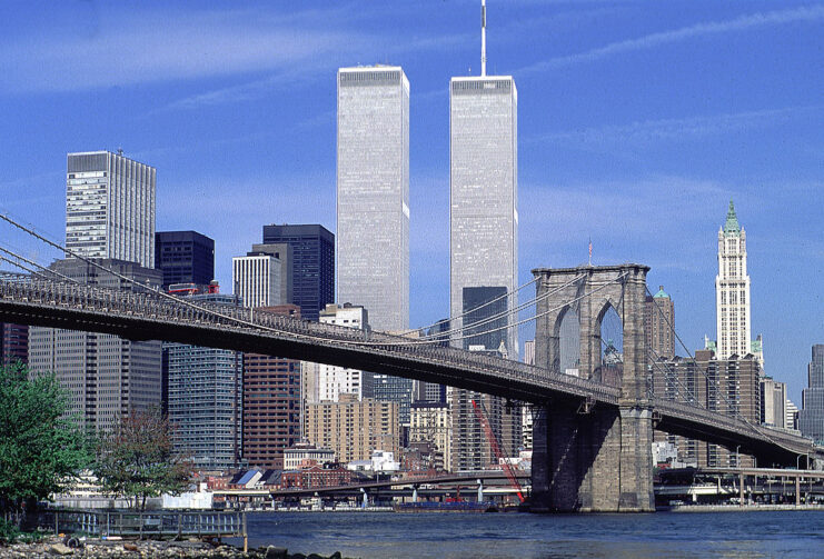 View of the Twin Towers from behind the Brooklyn Bridge