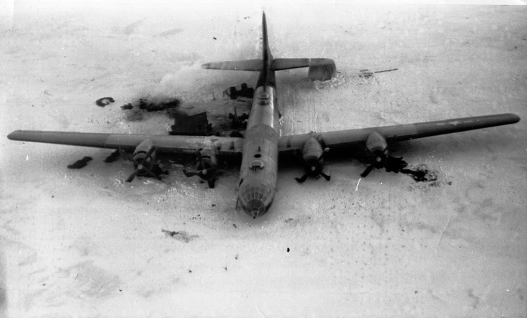 Aerial view of the Boeing B-29 Superfortress 'Kee Bird' crashed in the snow