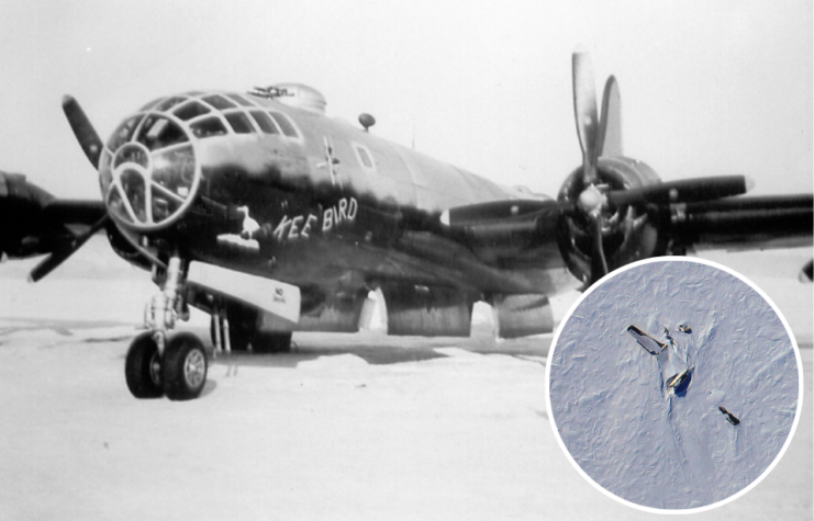 Boeing B-29 Superfortress 'Kee Bird' parked in the snow + Aerial view of the Boeing B-29 Superfortress 'Kee Bird' partially buried in the snow