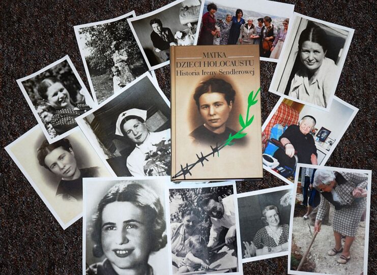 Collage featuring a book about Irena Sendler and photos from her life