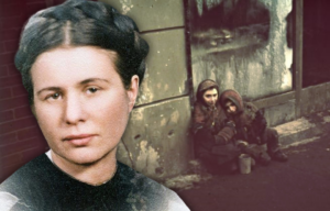 Two children sitting against the wall of a building + Portrait of Irena Sendler