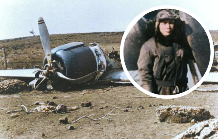 Damaged Mitsubishi A6M2 Zero in a field + Shigenori Nishikaichi standing at the wheel of an aircraft