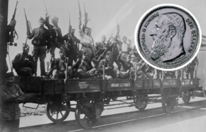 Belgian soldiers standing in an open-top railroad car + Back of a 50-cent Belgian coin