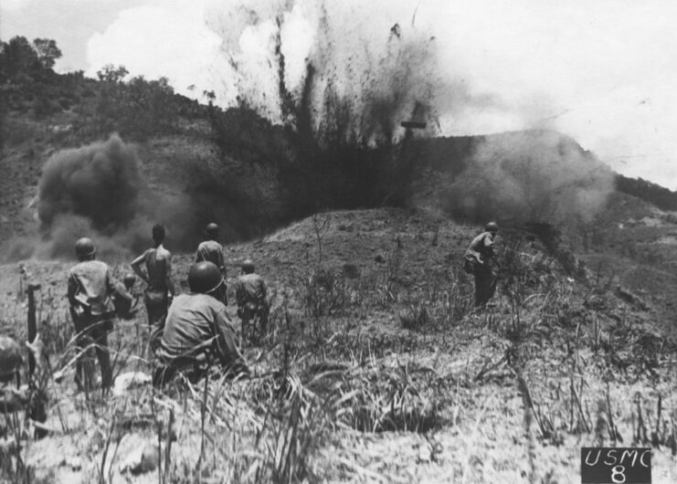 US Marines watching a dugout explode