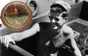 John F. Kennedy sitting in PT-109 + Coconut etched with a message by John F. Kennedy