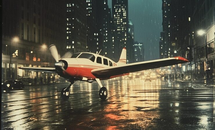 AI rendering of an aircraft parked in the middle of a Manhattan street at night