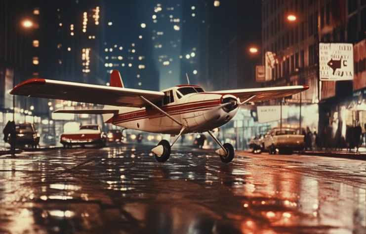 AI rendering of an aircraft parked in the middle of a Manhattan street at night