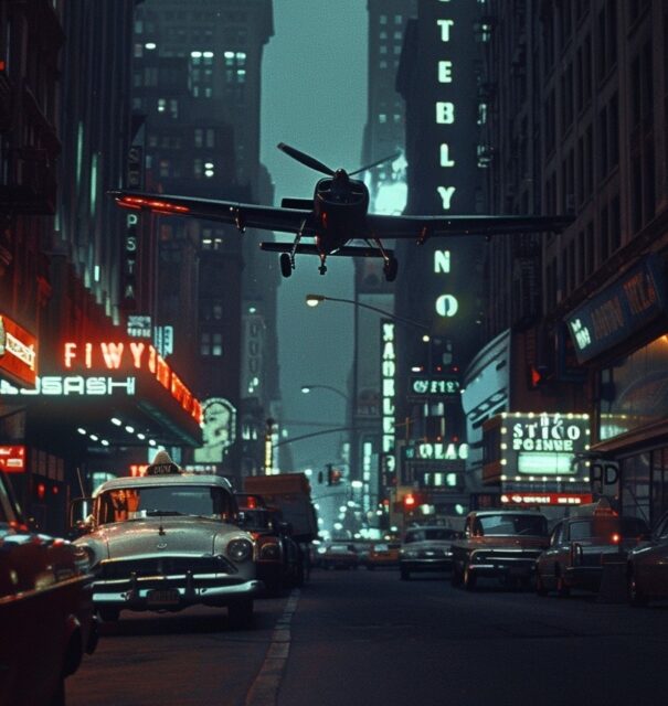 AI rendering of an aircraft flying over a Manhattan street at night