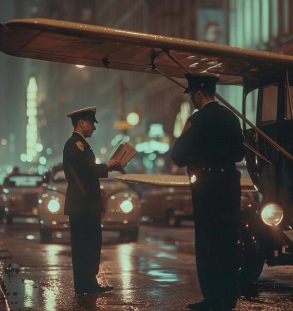 AI rendering of two police officers standing next to an aircraft in the middle of a Manhattan street