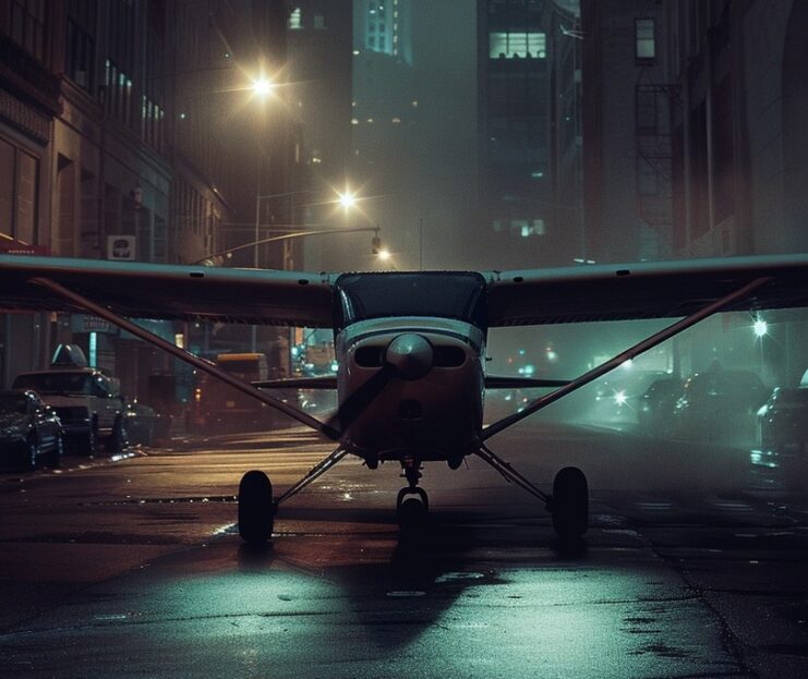 Aircraft parked in the middle of a Manhattan street at night