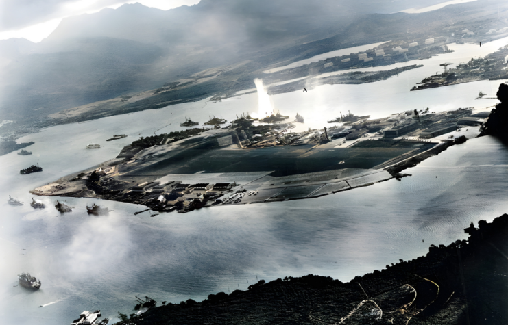 Aerial view of Pearl Harbor during the Japanese attack