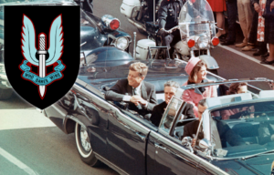 John Connally sitting in a convertible with John F. and Jackie Kennedy + Emblem for the Special Air Service (SAS)