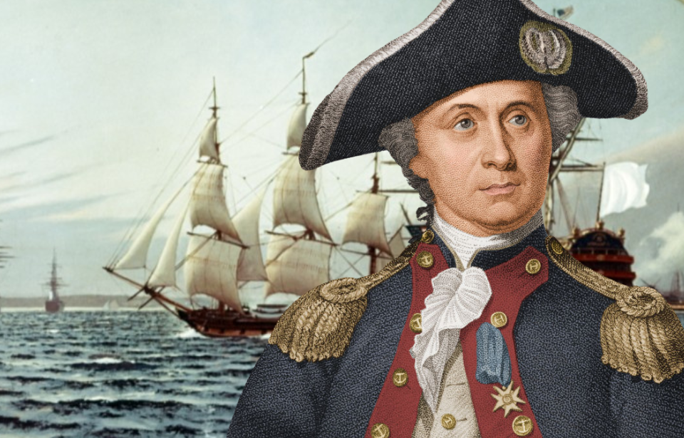 USS Ranger (1777) in a harbor with other ships + Portrait of John Paul Jones